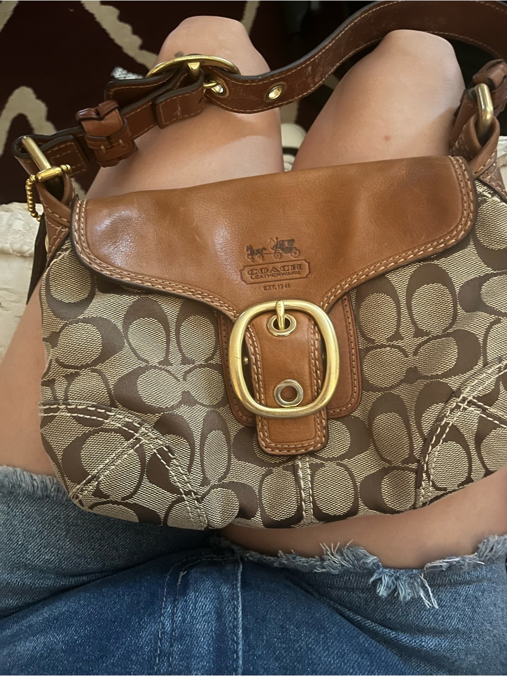 Vintage coach signature Leather Jacquard flap shoulder bag AUTHENTIC